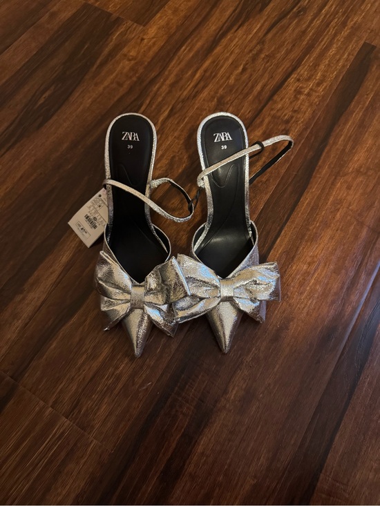 Zara Shoes - ZARA Metallic Silver Pointed-Toe Bow Slingback Heels